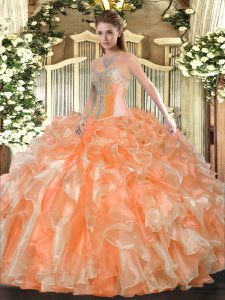 Fancy Sleeveless Floor Length Beading and Ruffles Lace Up Quinceanera Gown with Orange