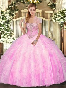 Comfortable Floor Length Ball Gowns Sleeveless Rose Pink Sweet 16 Dresses Lace Up