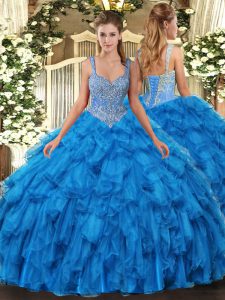 Sumptuous Blue Sleeveless Floor Length Beading and Ruffles Lace Up Sweet 16 Dresses
