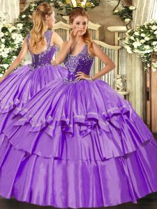 Charming Straps Sleeveless Organza and Taffeta 15 Quinceanera Dress Beading and Ruffled Layers Lace Up