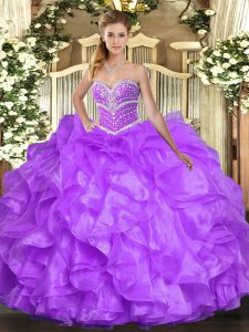Lavender Organza Lace Up Sweet 16 Dresses Sleeveless Floor Length Beading and Ruffles