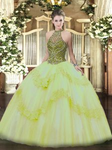 Modern Light Yellow Sleeveless Floor Length Beading and Appliques Lace Up Ball Gown Prom Dress