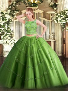 Clearance Tulle Scoop Sleeveless Lace Up Beading and Appliques Quinceanera Gown in Green