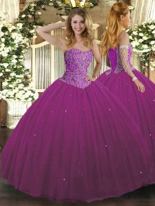 Edgy Floor Length Lace Up Ball Gown Prom Dress Fuchsia for Military Ball and Sweet 16 and Quinceanera with Beading
