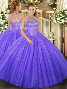 Lavender Halter Top Neckline Beading and Embroidery Quince Ball Gowns Sleeveless Lace Up