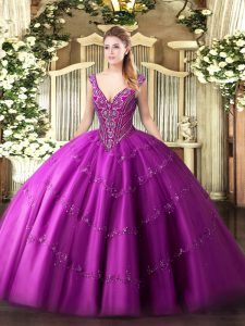 Tulle Sleeveless Floor Length Sweet 16 Dresses and Beading and Appliques