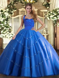 Sleeveless Floor Length Appliques Lace Up Vestidos de Quinceanera with Blue