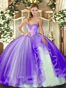 Lavender Sleeveless Floor Length Beading and Ruffles Lace Up Quinceanera Gown