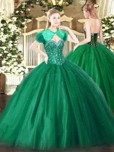 Sophisticated Dark Green Ball Gowns Sweetheart Sleeveless Tulle Floor Length Lace Up Beading Quinceanera Gown