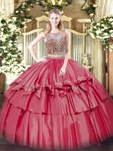 High End Floor Length Coral Red Quinceanera Dresses Organza and Taffeta Sleeveless Beading and Ruffled Layers