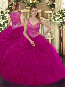 Top Selling V-neck Sleeveless 15th Birthday Dress Floor Length Beading and Ruffles Fuchsia Organza