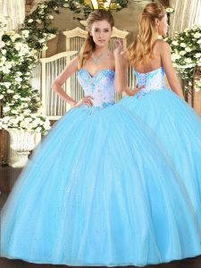 Perfect Aqua Blue Sleeveless Tulle Lace Up Sweet 16 Quinceanera Dress for Military Ball and Sweet 16 and Quinceanera