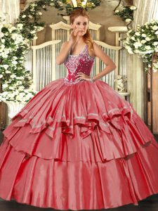 Fantastic Coral Red Lace Up Straps Beading and Ruffled Layers Quinceanera Gown Organza and Taffeta Sleeveless
