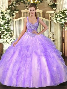 Popular Lavender Sleeveless Beading and Ruffles Floor Length Sweet 16 Dresses