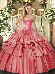 Deluxe Coral Red Ball Gowns Organza and Taffeta Sweetheart Sleeveless Beading and Ruffled Layers Floor Length Lace Up Sweet 16 Dresses