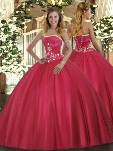 Floor Length Ball Gowns Sleeveless Red Quinceanera Dresses Lace Up