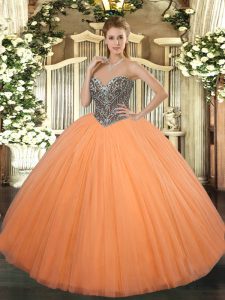 Orange Sleeveless Tulle Lace Up Quinceanera Gown for Military Ball and Sweet 16 and Quinceanera