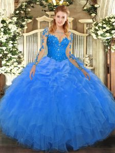 Custom Made Blue Lace Up Scoop Lace and Ruffles Vestidos de Quinceanera Organza Long Sleeves