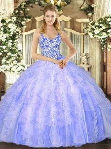 Lavender Straps Neckline Beading and Ruffles 15 Quinceanera Dress Sleeveless Lace Up