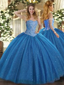 Flirting Blue Sleeveless Beading Floor Length Quinceanera Gowns