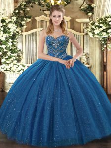 Teal Tulle Lace Up Sweetheart Sleeveless Floor Length Quinceanera Gown Beading