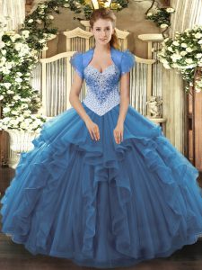 Cute Beading 15th Birthday Dress Blue Lace Up Sleeveless Floor Length