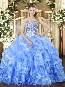 Traditional Blue Lace Up 15 Quinceanera Dress Beading and Ruffled Layers Sleeveless Floor Length