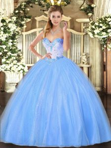 Fitting Floor Length Baby Blue Quince Ball Gowns Tulle Sleeveless Beading
