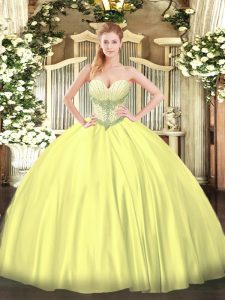 Yellow Satin Lace Up Quinceanera Dresses Sleeveless Floor Length Beading
