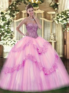 Pink Tulle Lace Up Quinceanera Dresses Sleeveless Floor Length Beading and Appliques and Ruffles