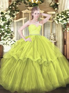 Olive Green Tulle Zipper Vestidos de Quinceanera Sleeveless Brush Train Beading and Lace and Ruffled Layers