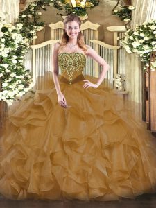 Custom Design Brown Ball Gowns Strapless Sleeveless Organza Floor Length Lace Up Beading and Ruffles Quinceanera Dresses