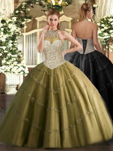 Flirting Brown Quinceanera Gowns Military Ball and Sweet 16 and Quinceanera with Beading and Appliques Halter Top Sleeveless Lace Up
