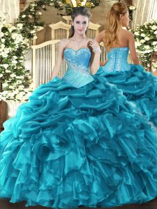 Sweetheart Sleeveless Quinceanera Dress Floor Length Beading and Ruffles and Pick Ups Teal Organza