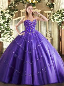 Floor Length Purple Sweet 16 Dresses Tulle Sleeveless Appliques and Embroidery