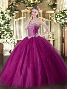 Enchanting Fuchsia Sweetheart Lace Up Beading Sweet 16 Dresses Sleeveless
