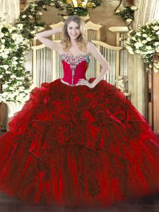 Sexy Beading and Ruffles Vestidos de Quinceanera Wine Red Lace Up Sleeveless Floor Length