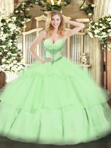 Yellow Green Tulle Lace Up Sweet 16 Quinceanera Dress Sleeveless Floor Length Beading and Ruffled Layers