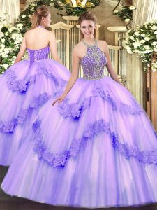 Floor Length Lavender Quinceanera Gowns Tulle Sleeveless Beading and Appliques