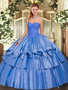 Ball Gowns Vestidos de Quinceanera Blue Sweetheart Organza and Taffeta Sleeveless Floor Length Lace Up