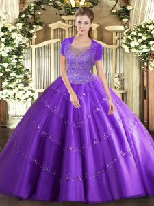 Lavender Ball Gowns Tulle Scoop Sleeveless Beading and Appliques Floor Length Clasp Handle Ball Gown Prom Dress