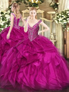 Fuchsia Ball Gowns Organza V-neck Sleeveless Beading and Ruffles Floor Length Lace Up Quinceanera Dresses