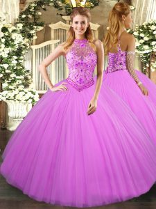 Shining Ball Gowns Quinceanera Gowns Lilac Halter Top Tulle Sleeveless Floor Length Lace Up