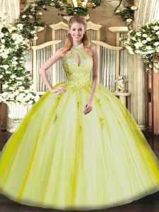 Yellow Green Lace Up 15th Birthday Dress Appliques Sleeveless Floor Length