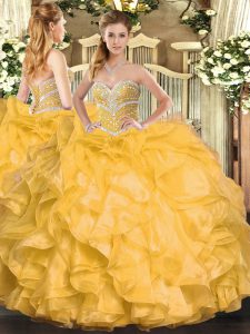 Custom Made Sweetheart Sleeveless Sweet 16 Dress Floor Length Beading and Ruffles Gold Organza