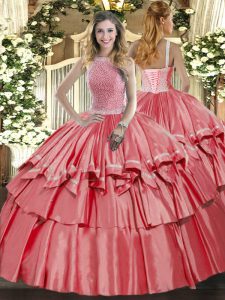 Coral Red Organza and Taffeta Lace Up High-neck Sleeveless Floor Length Sweet 16 Quinceanera Dress Beading and Ruffled Layers