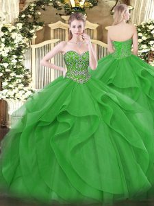 Green Sweetheart Lace Up Beading and Ruffles Sweet 16 Dress Sleeveless