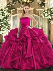 Hot Pink Sleeveless Floor Length Ruffles Lace Up Quinceanera Dresses