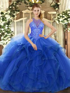 High-neck Sleeveless Organza Quinceanera Gowns Beading and Ruffles Lace Up