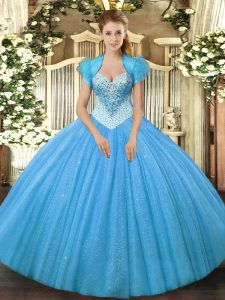 Suitable Aqua Blue Quinceanera Gowns Military Ball and Sweet 16 and Quinceanera with Beading Sweetheart Sleeveless Lace Up